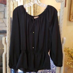 Ellen Tracy black blouse w/elastic yoke and drawst